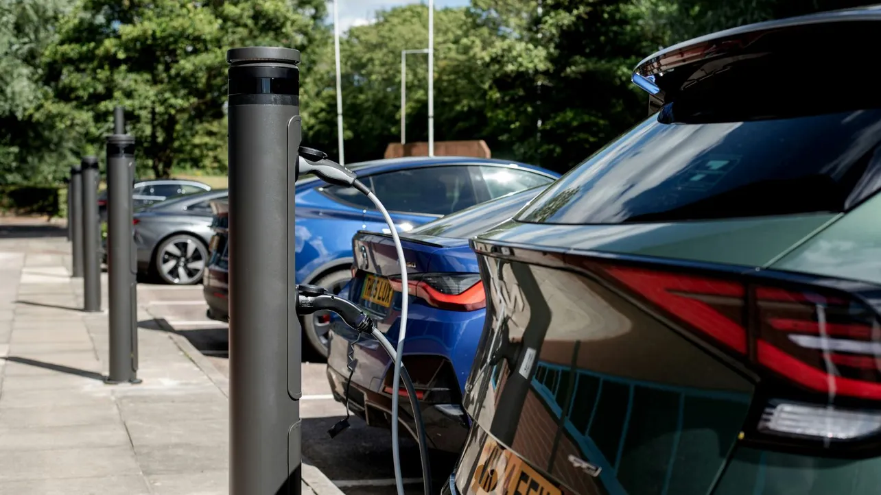 Electric cars charging in UK.